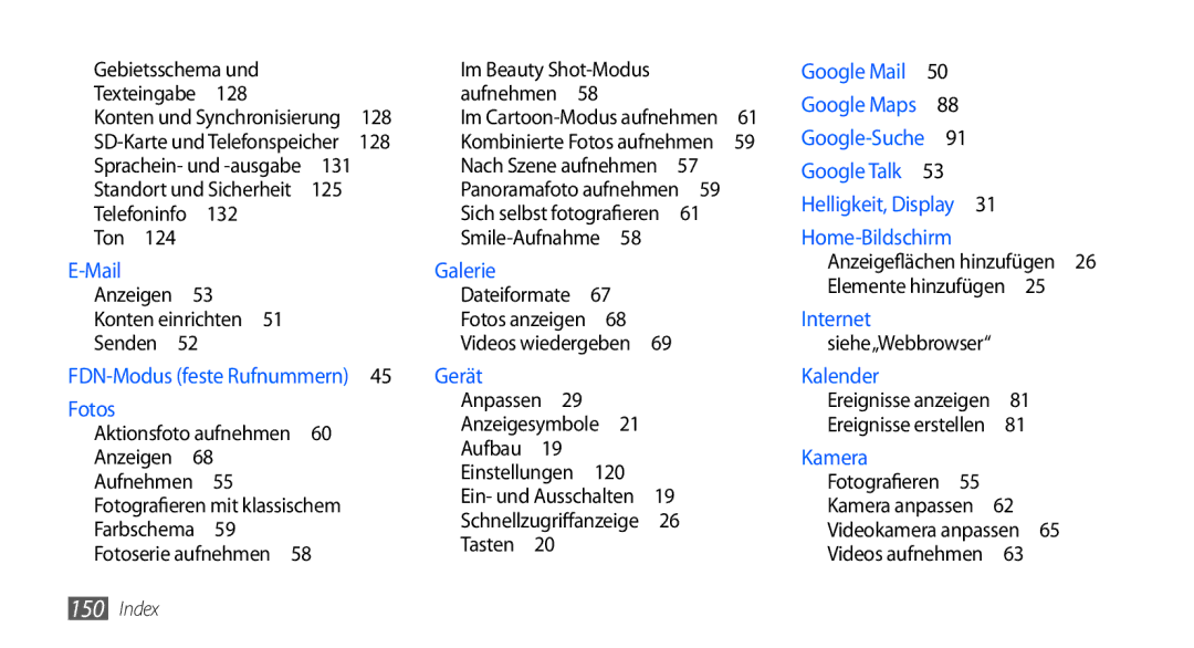 Samsung GT-I9000HKYEUR manual Texteingabe , 125, 132, Senden , Aufnehmen , Anzeigeflächen hinzufügen Elemente hinzufügen  